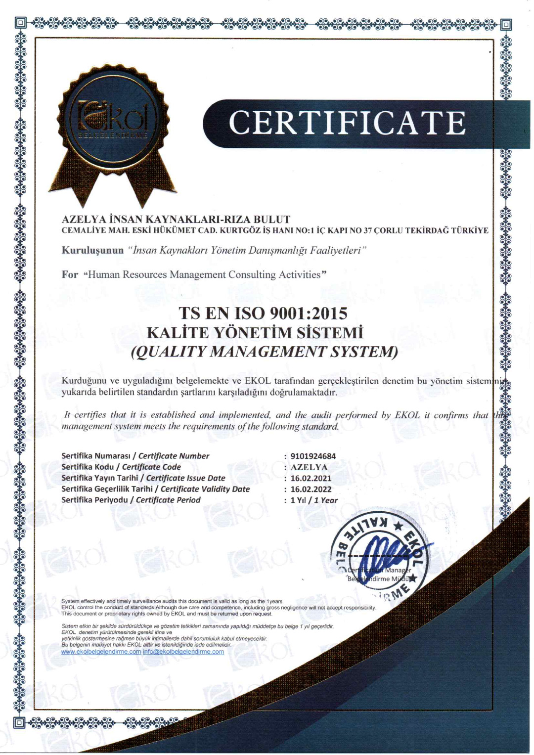 AZELYA-TS-ISO-9001